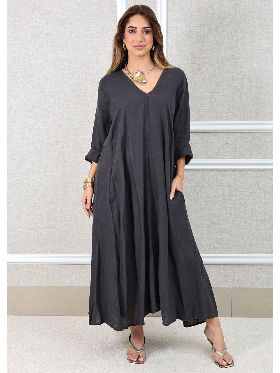 Vestido Regina Linho Italiano Chumbo