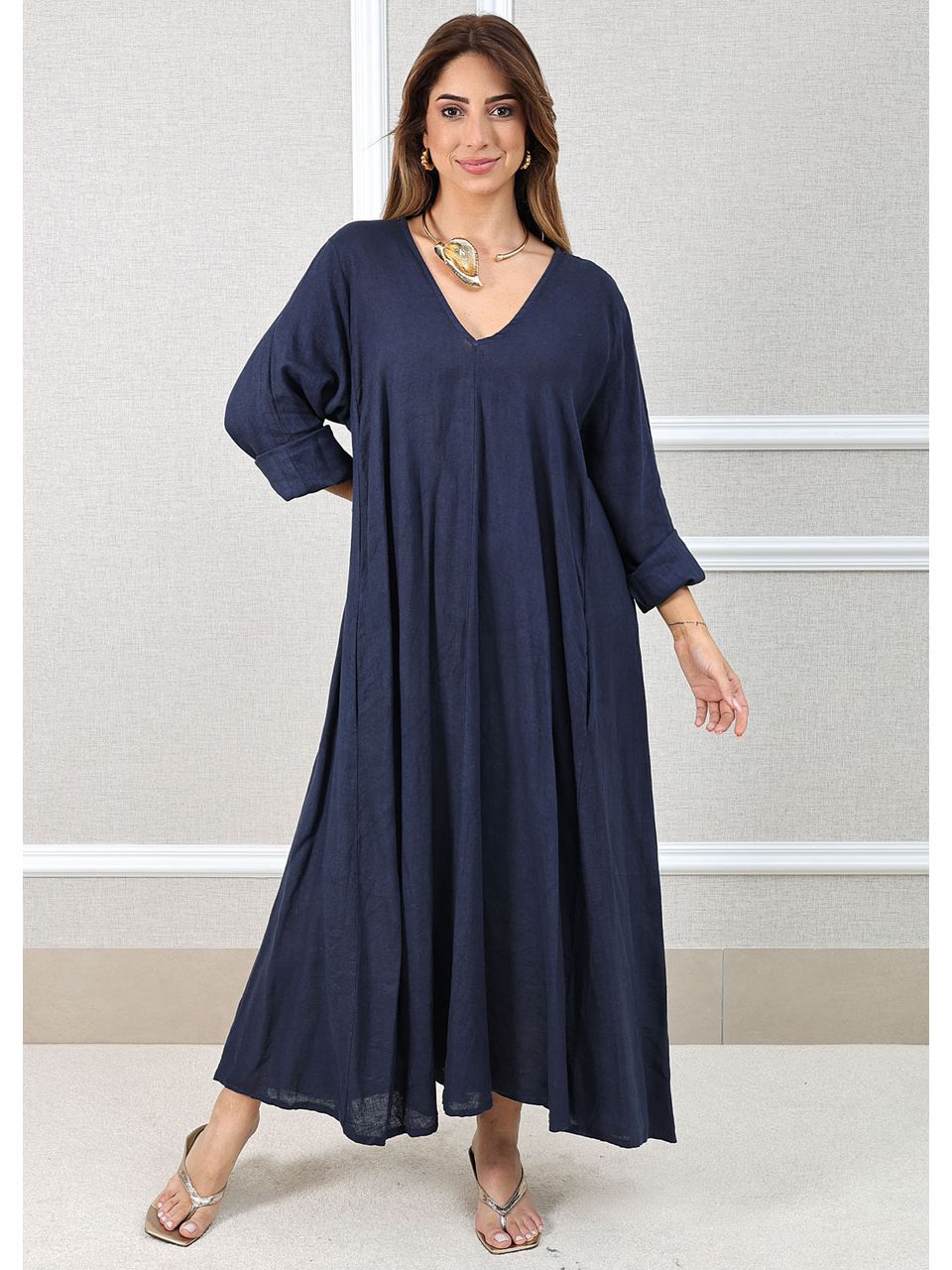 Vestido Regina Linho Italiano Azul Marinho
