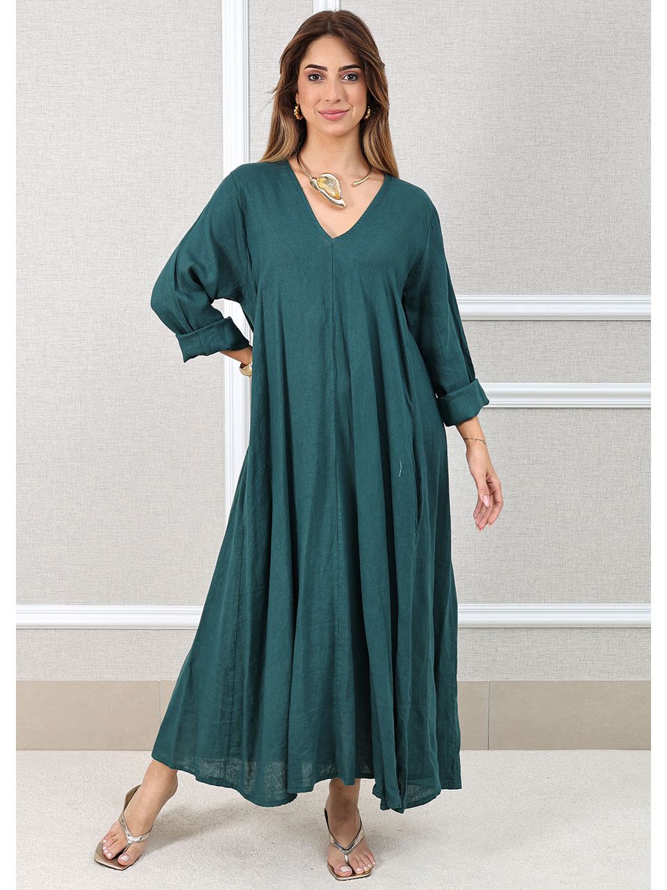 Vestido Regina Linho Italiano Petróleo