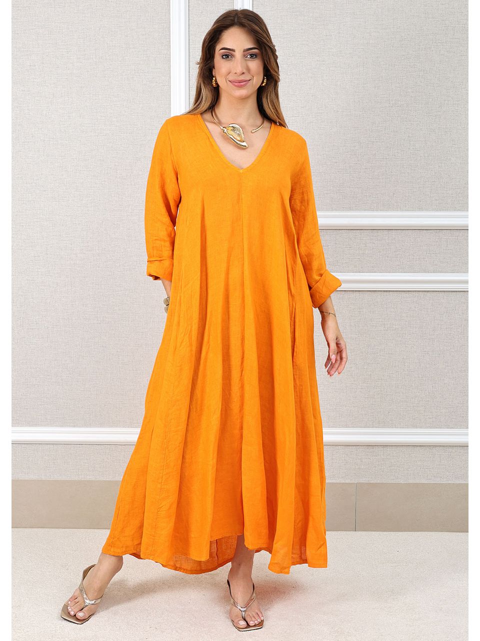 Vestido Regina Linho Italiano Laranja