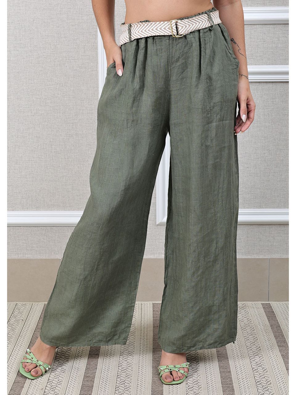Calça Palmira Linho Italiano Verde Militar