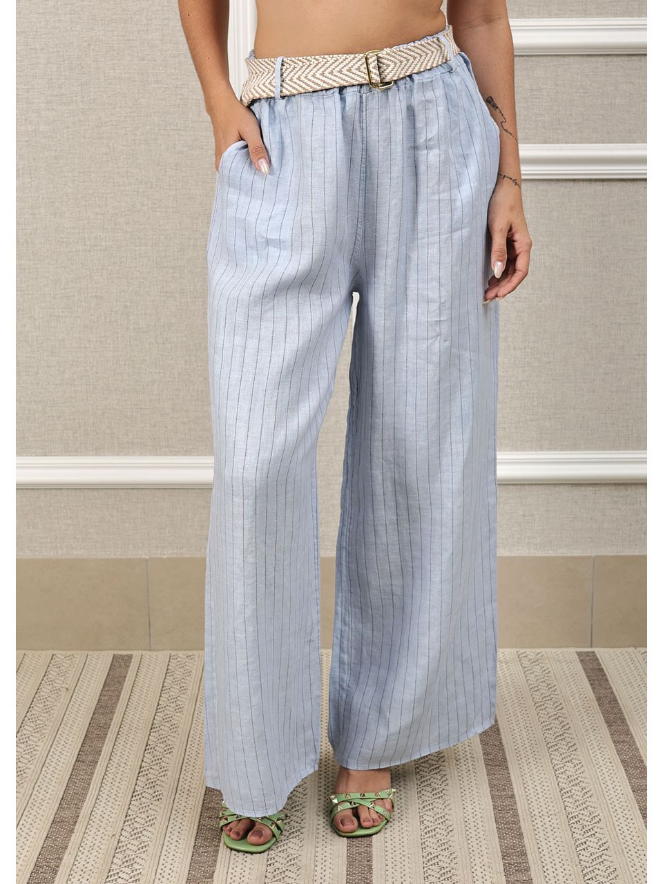 Calça Palmira Linho Italiano Azul Bebe