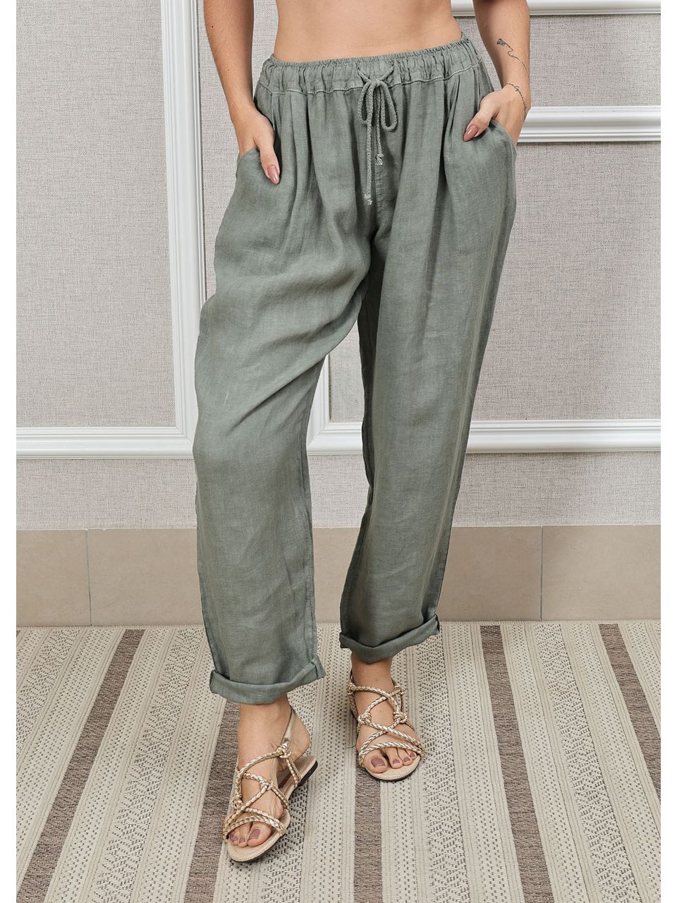 Calça Clássica Linho Italiano Verde Militar