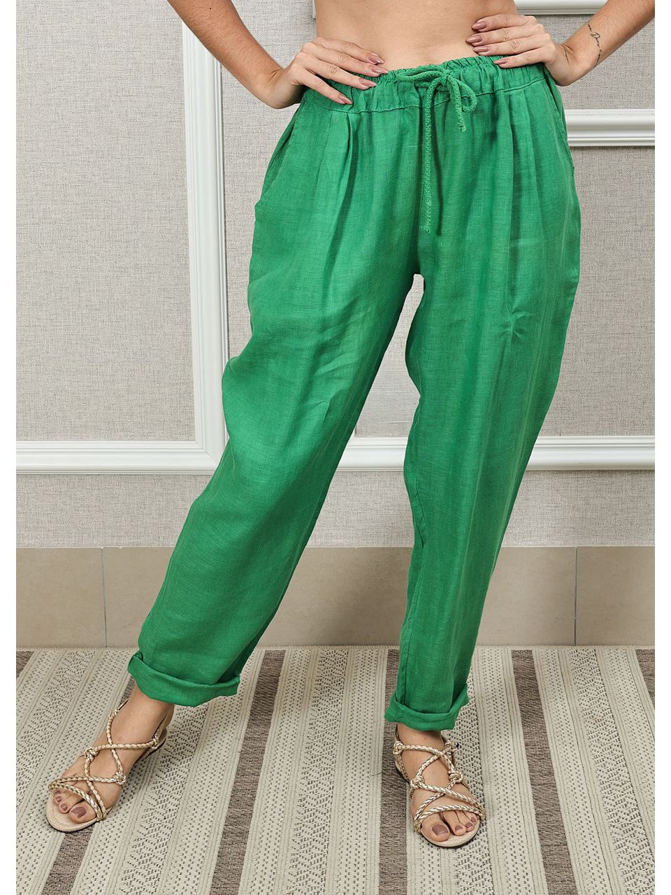 Calça Clássica Linho Italiano Verde Bandeira 
