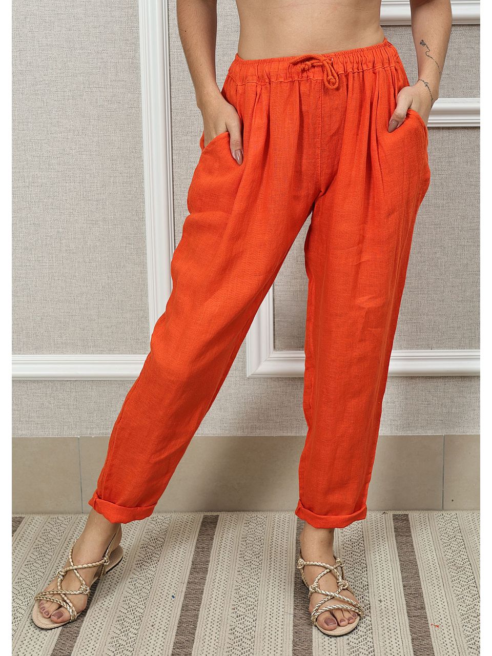 Calça Clássica Linho Italiano Laranja