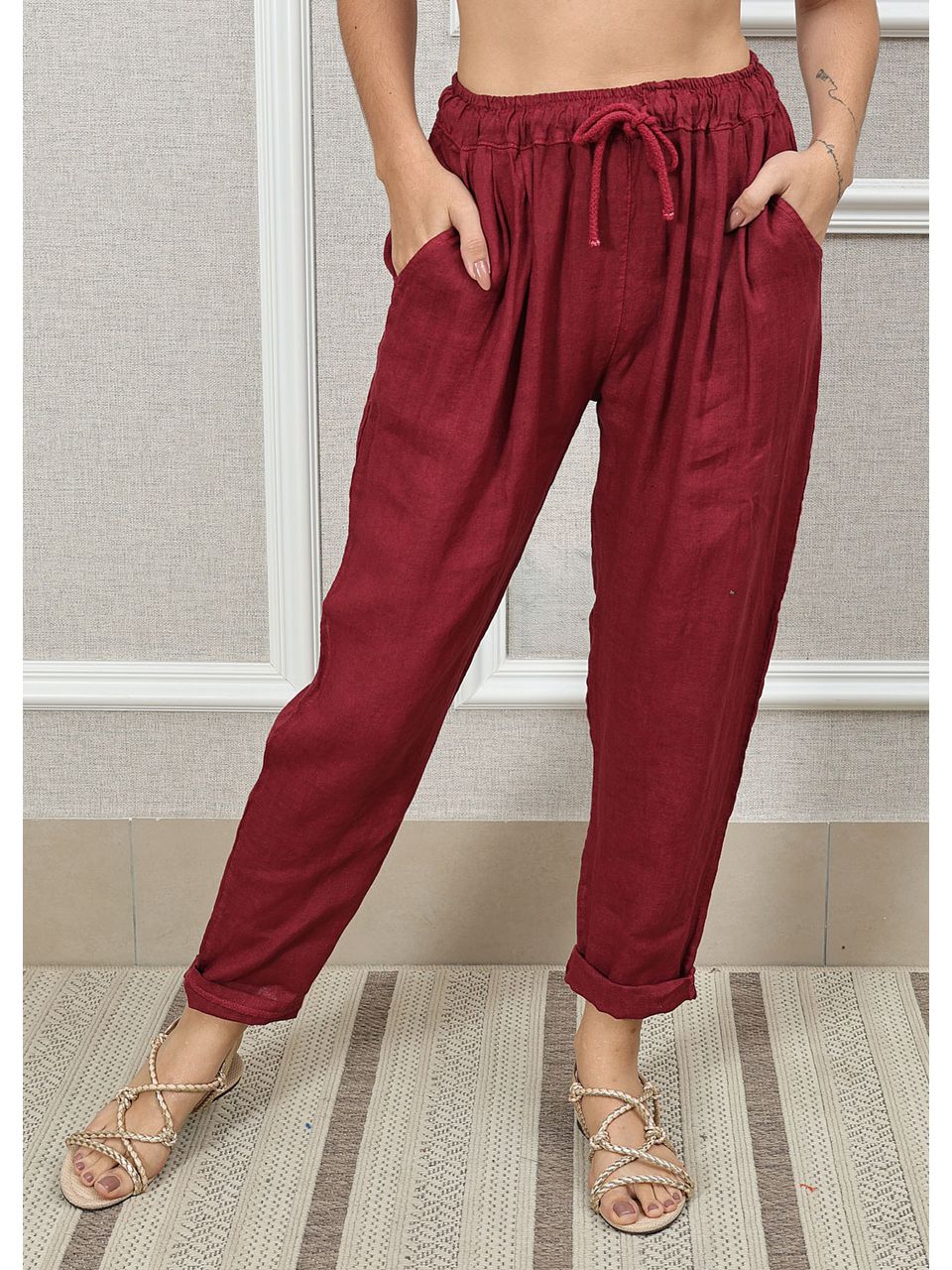 Calça Clássica Linho Italiano Vinho