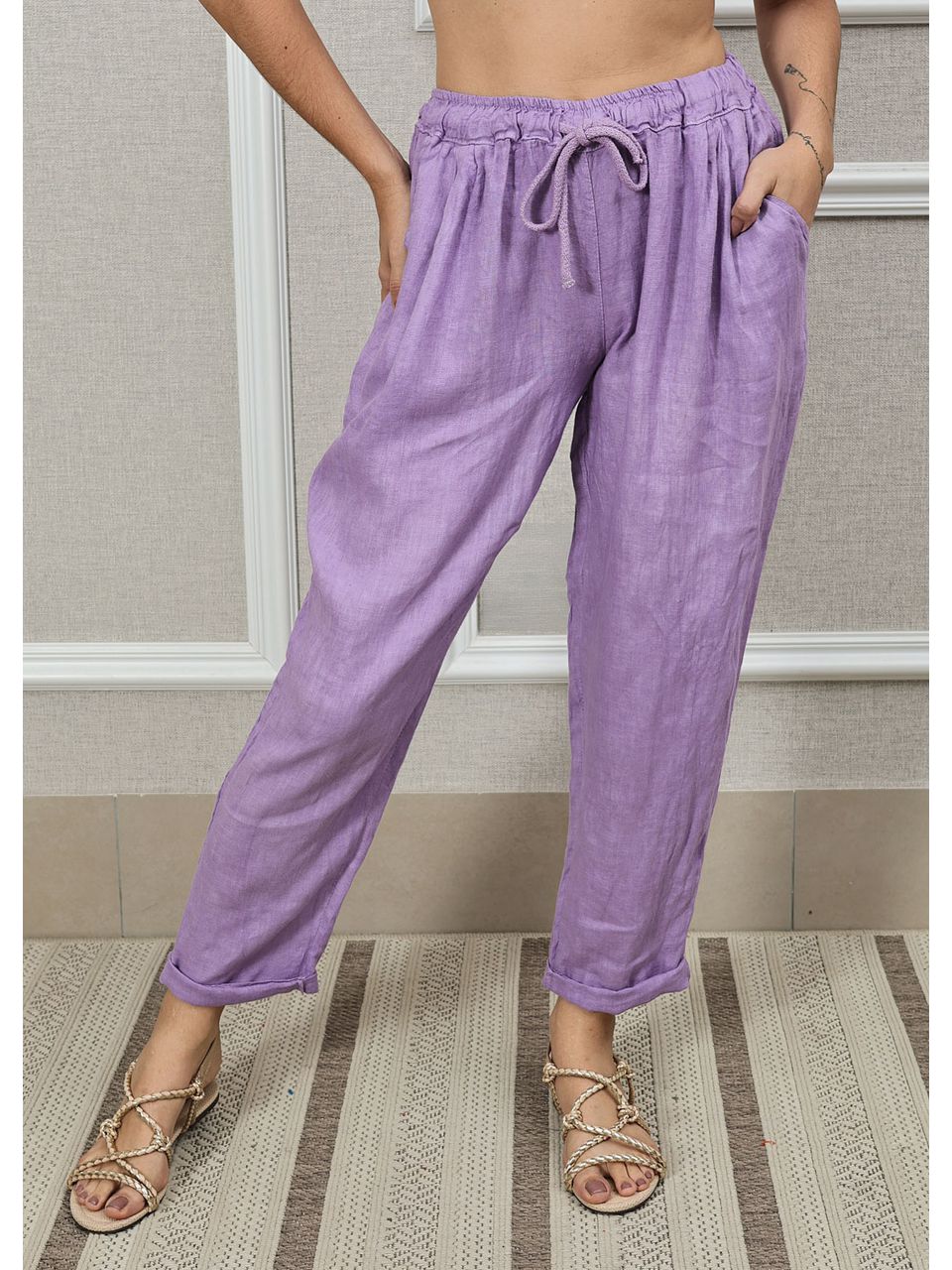 Calça Clássica Linho Italiano Lilás 