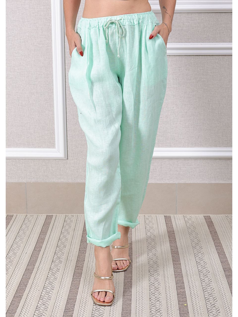 Calça Clássica Linho Italiano Verde Água