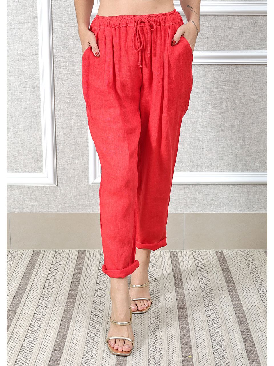 Calça Clássica Linho Italiano Vermelho