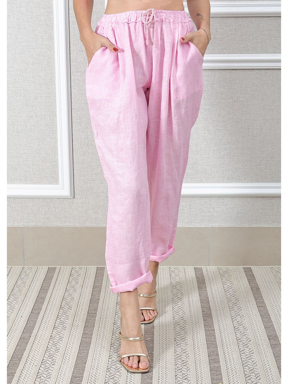 Calça Clássica Linho Italiano Rosa Bebe