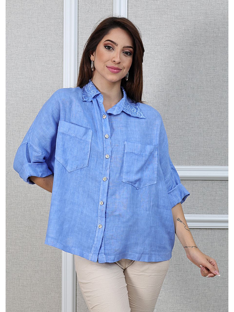 Camisa Carol Linho Italiano Azul Hortência 