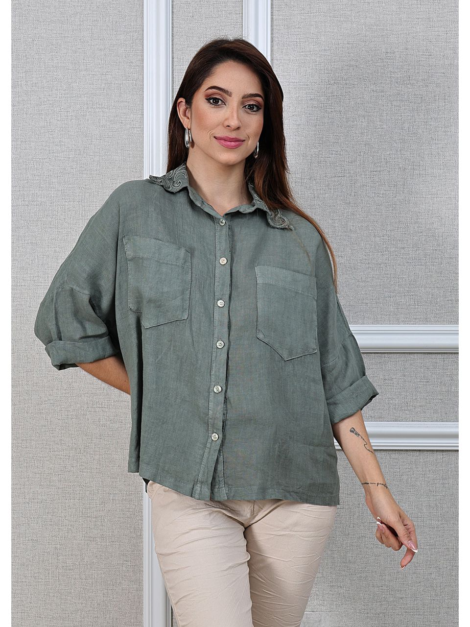 Camisa Carol Linho Italiano Verde Militar