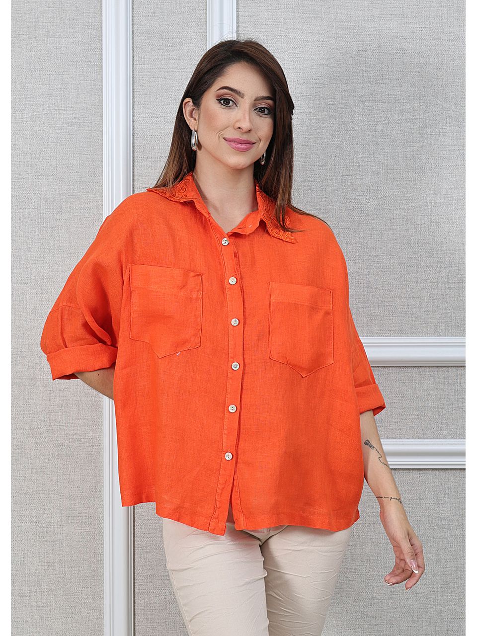 Camisa Carol Linho Italiano Laranja