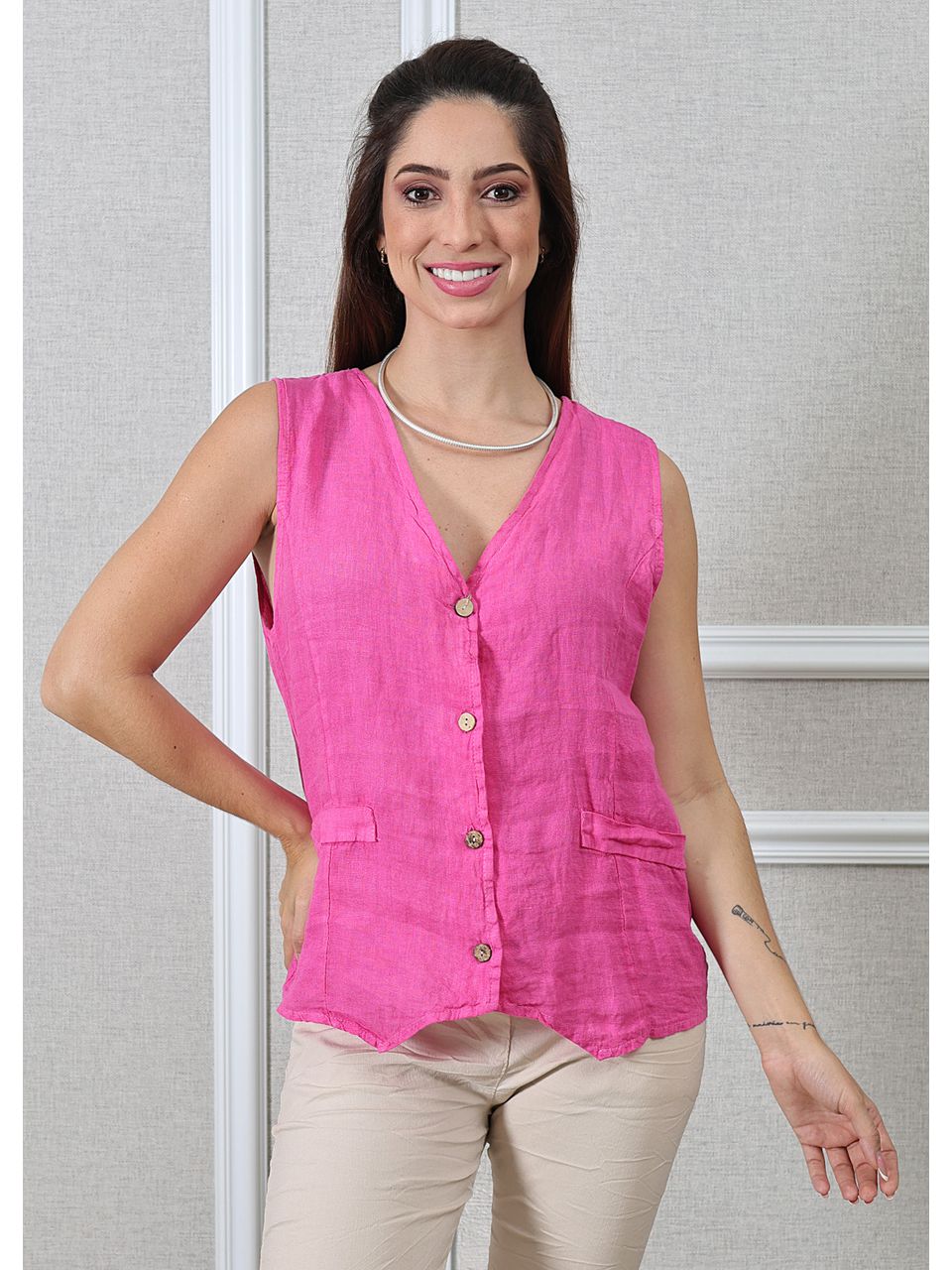 Colete Clássico Linho Italiano Pink