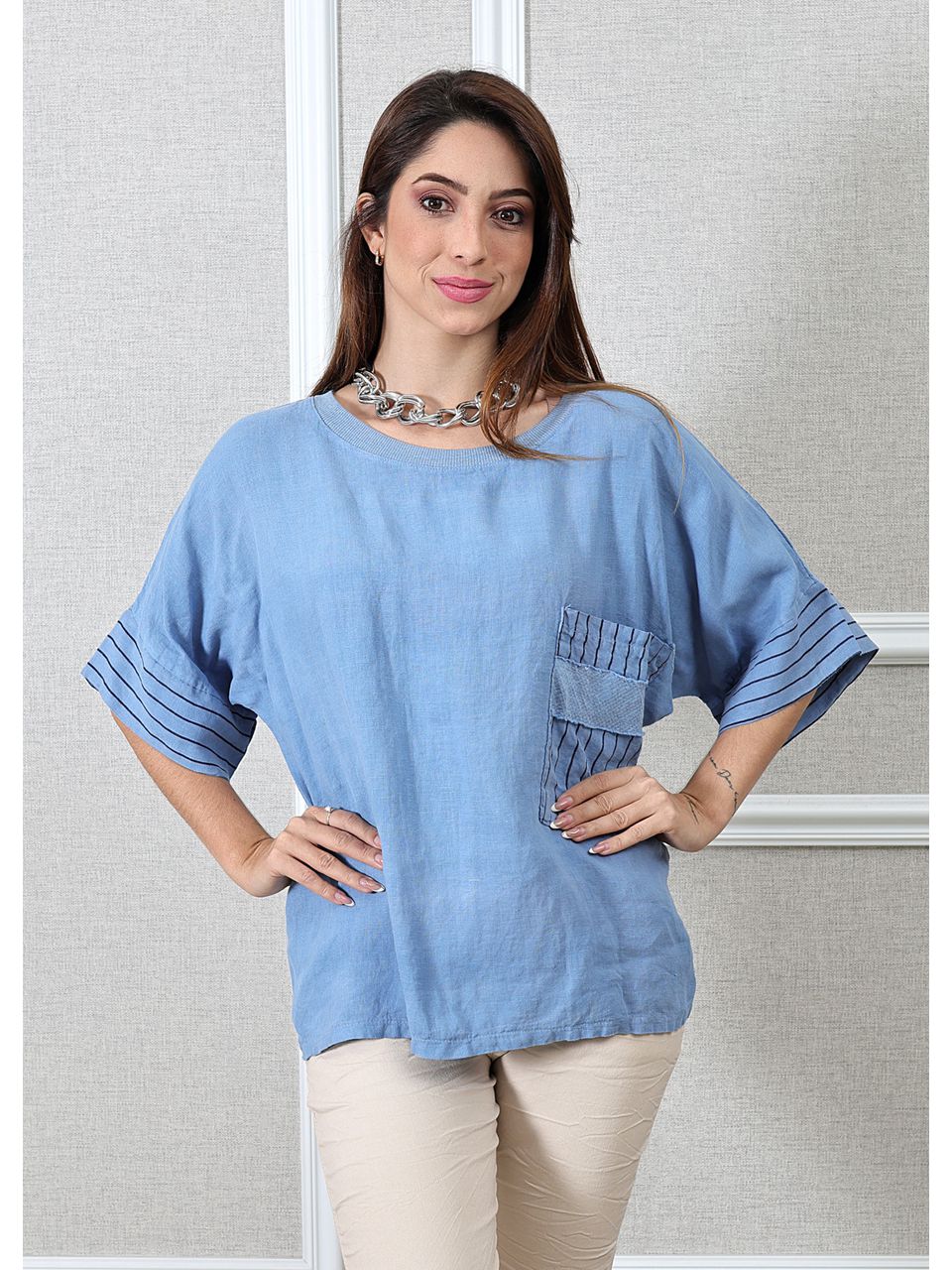 Bata Clara Linho Italiano Azul Hortência 
