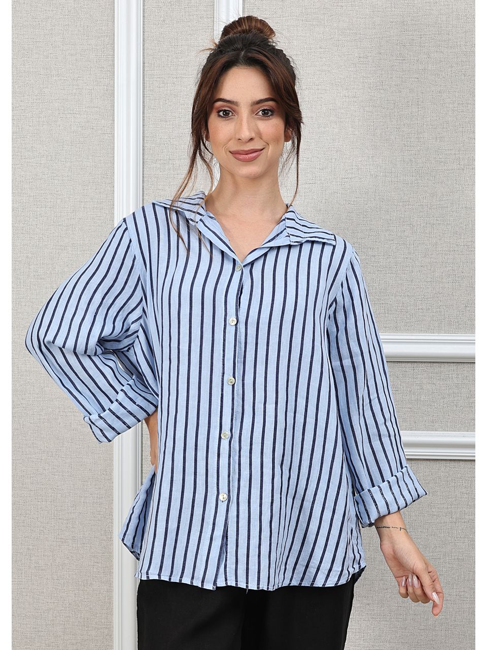 Camisa Monica Linho Italiano Azul Hortência
