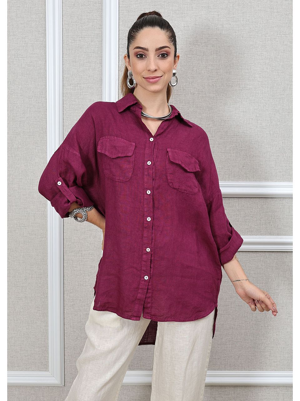 Camisa Clássica Linho Italiano Bordô