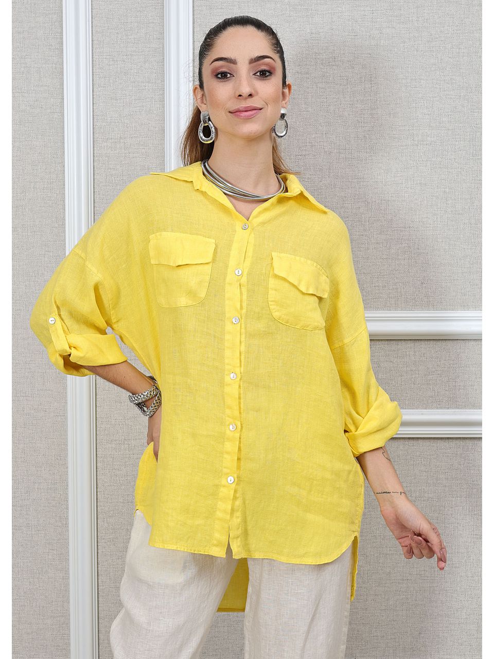 Camisa Clássica Linho Italiano Amarelo 