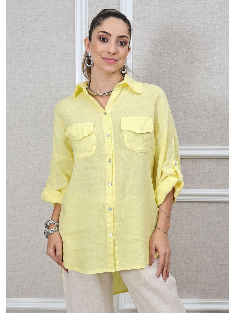 Camisa Clássica Linho Italiano Amarelo Mantega