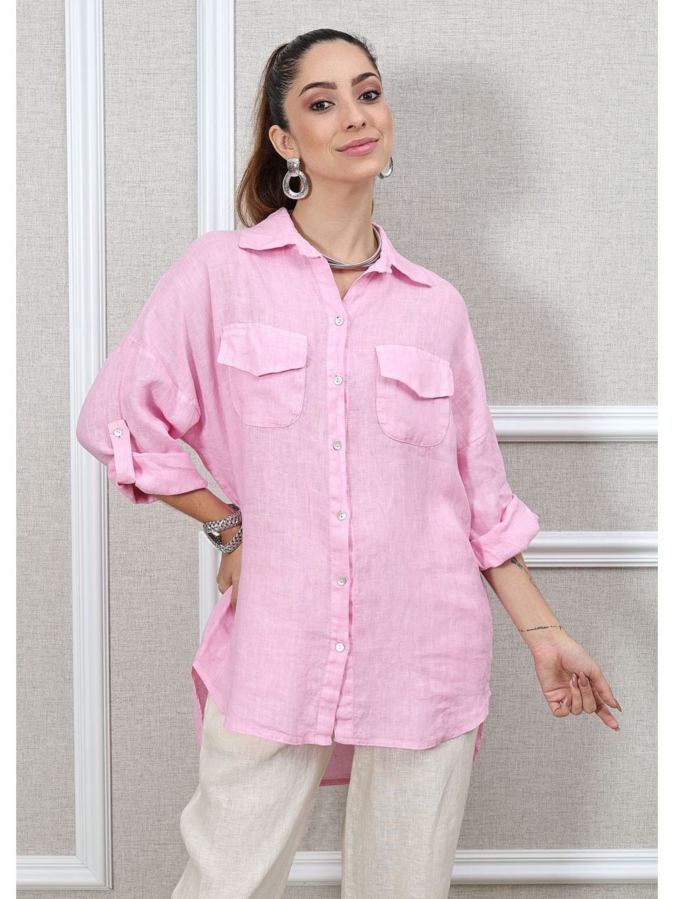 Camisa Clássica Linho Italiano Rosa Bebe