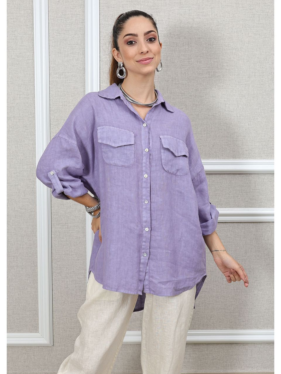 Camisa Clássica Linho Italiano Lilás