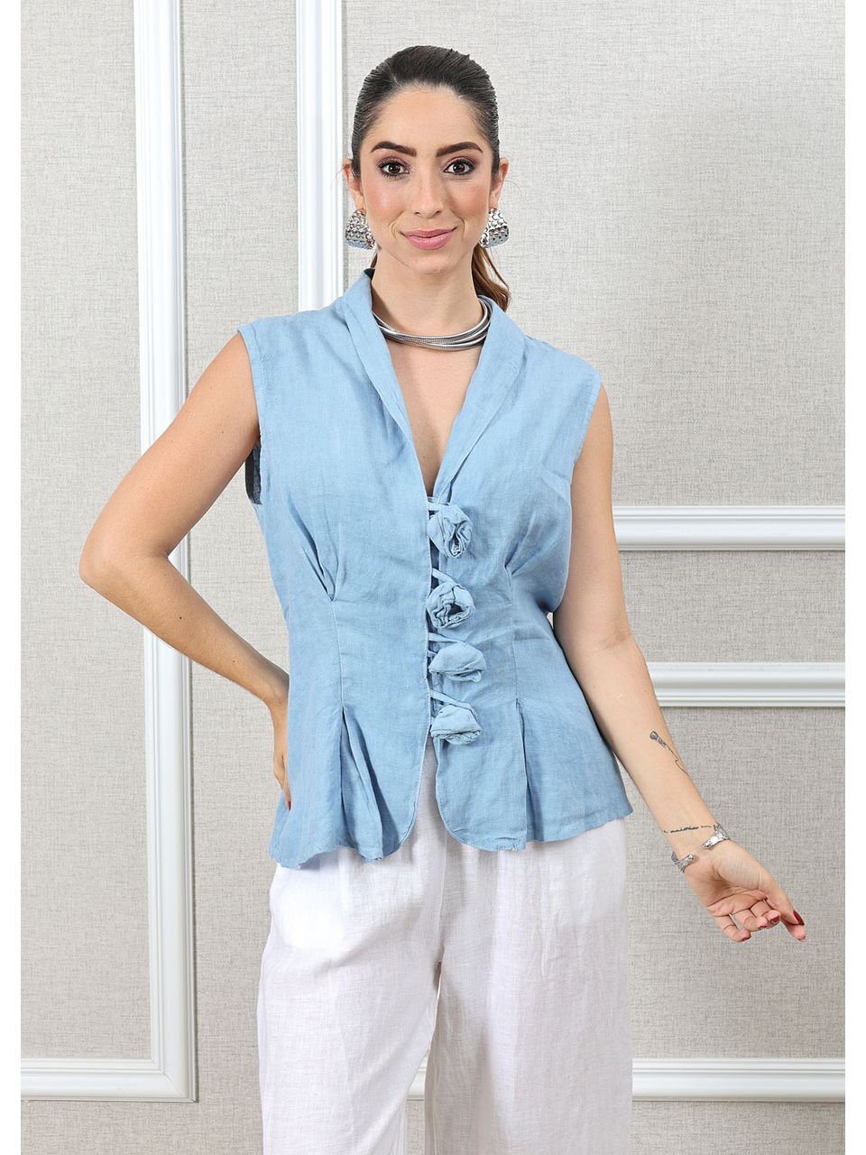 Colete Bela Linho Italiano Azul Jeans