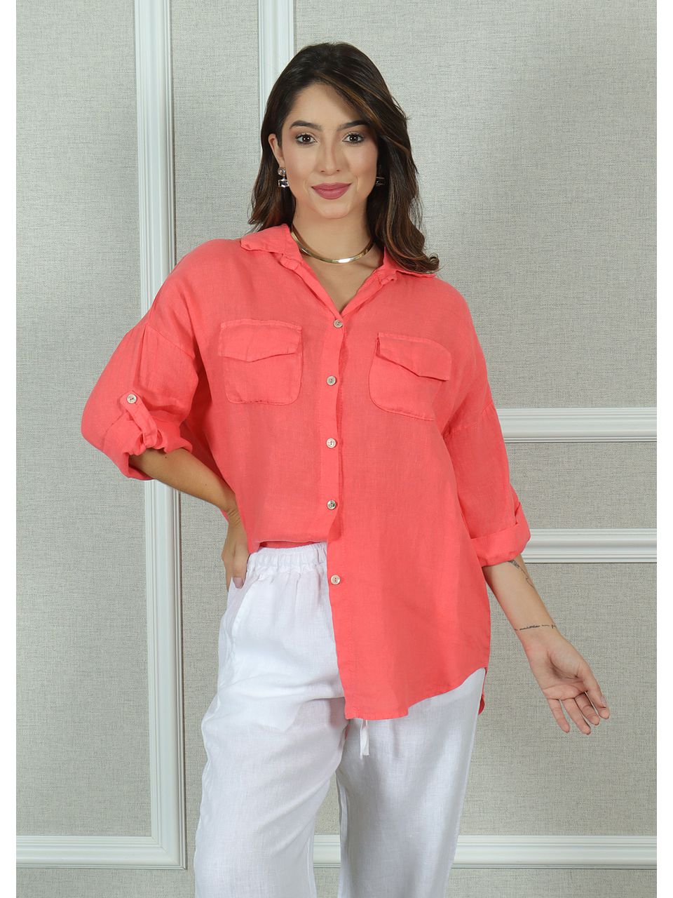 Camisa Clássica Linho Italiano Coral
