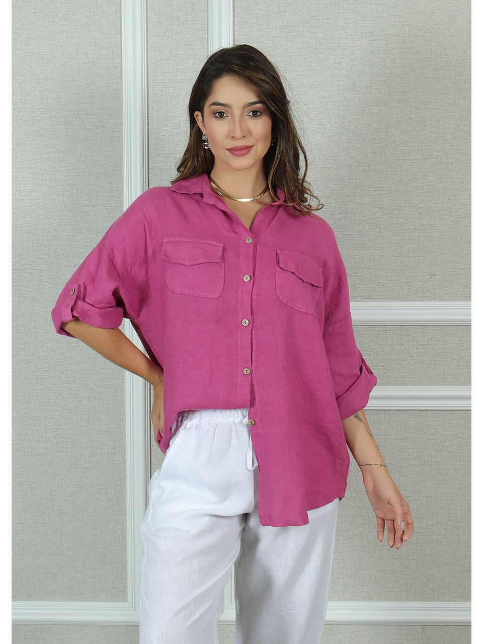 Camisa Clássica Linho Italiano Magenta