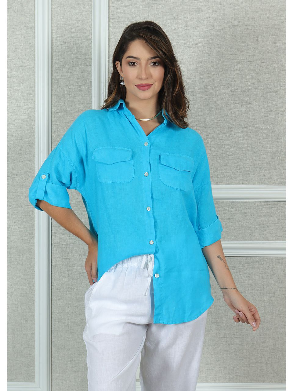 Camisa Clássica Linho Italiano Azul Turquesa