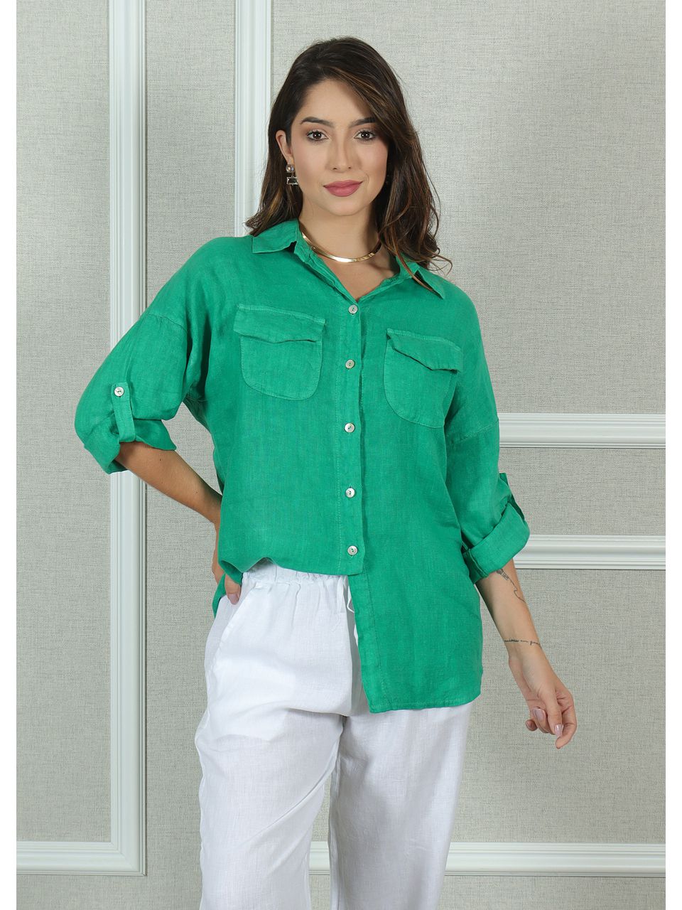 Camisa Clássica Linho Italiano Verde Bandeira