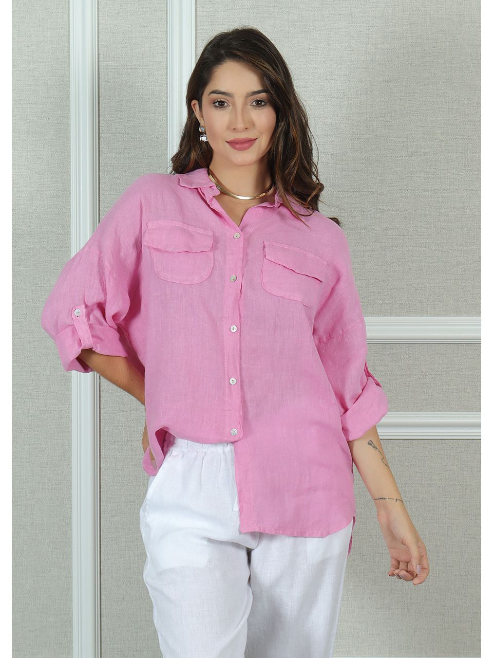 Camisa Clássica Linho Italiano Rosa Chiclete