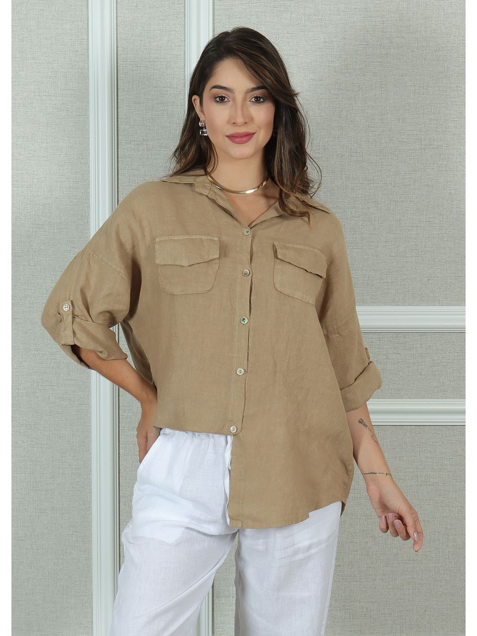 Camisa Clássica Linho Italiano Caramelo