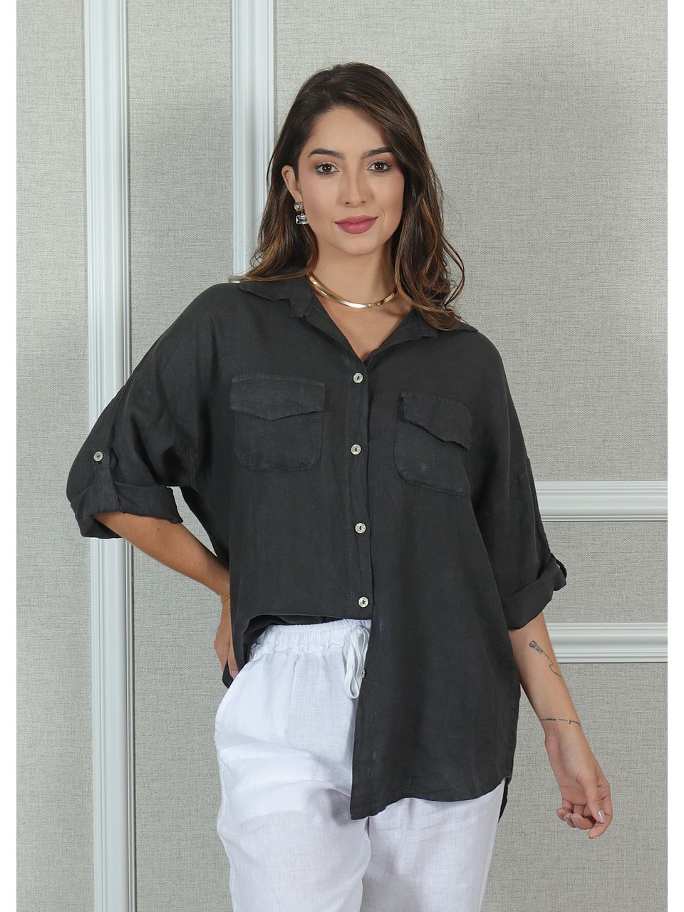 Camisa Clássica Linho Italiano Chumbo