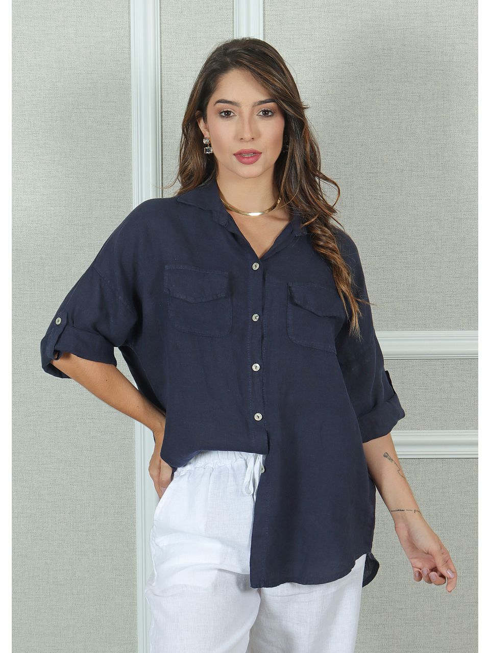 Camisa Clássica Linho Italiano Azul Marinho