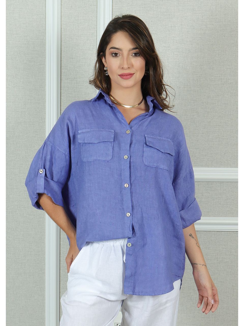 Camisa Clássica Linho Italiano Azul Hortênsia