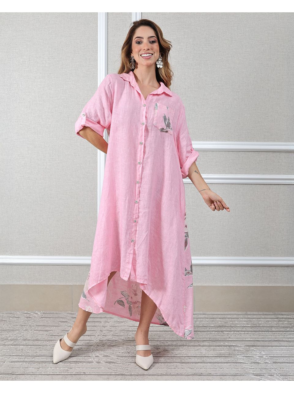 Chemise Melanie Linho Italiano Rosa Chiclete 