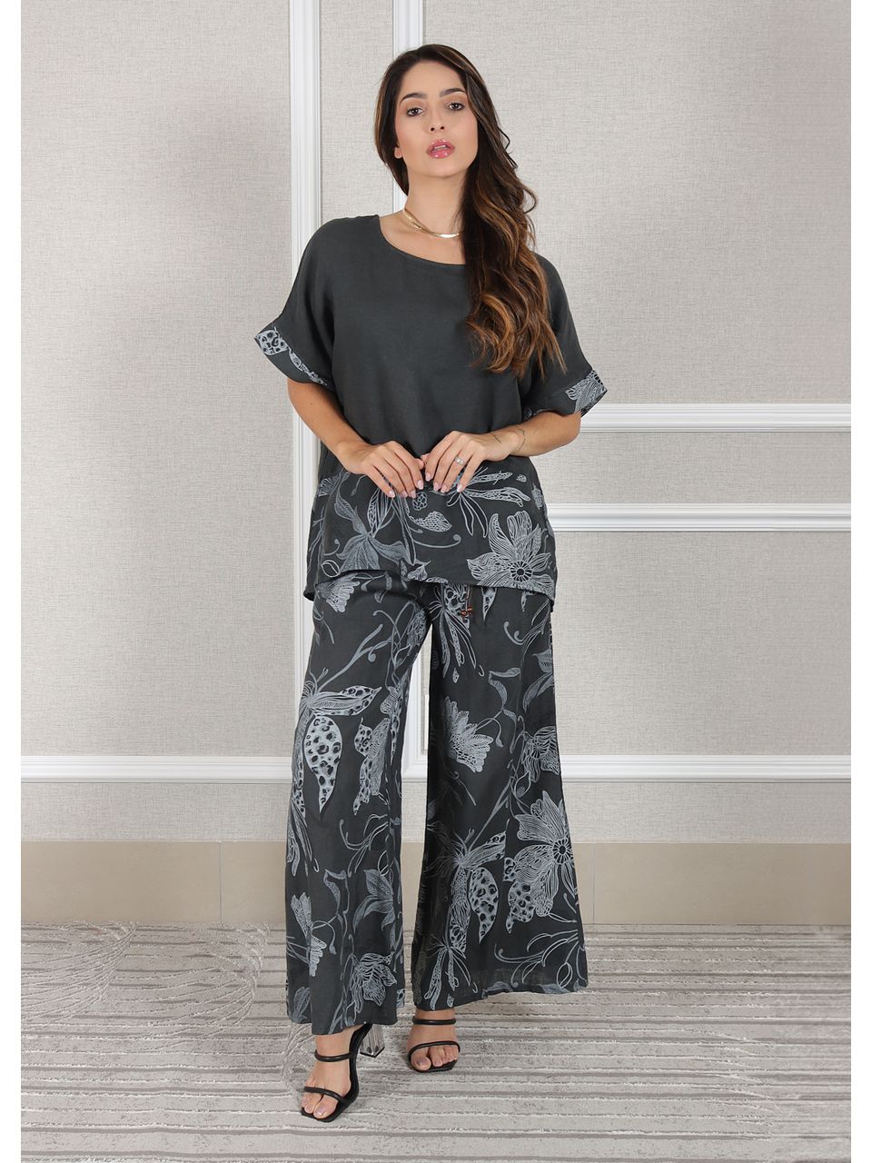 Conjunto Eva Linho Italiano Chumbo