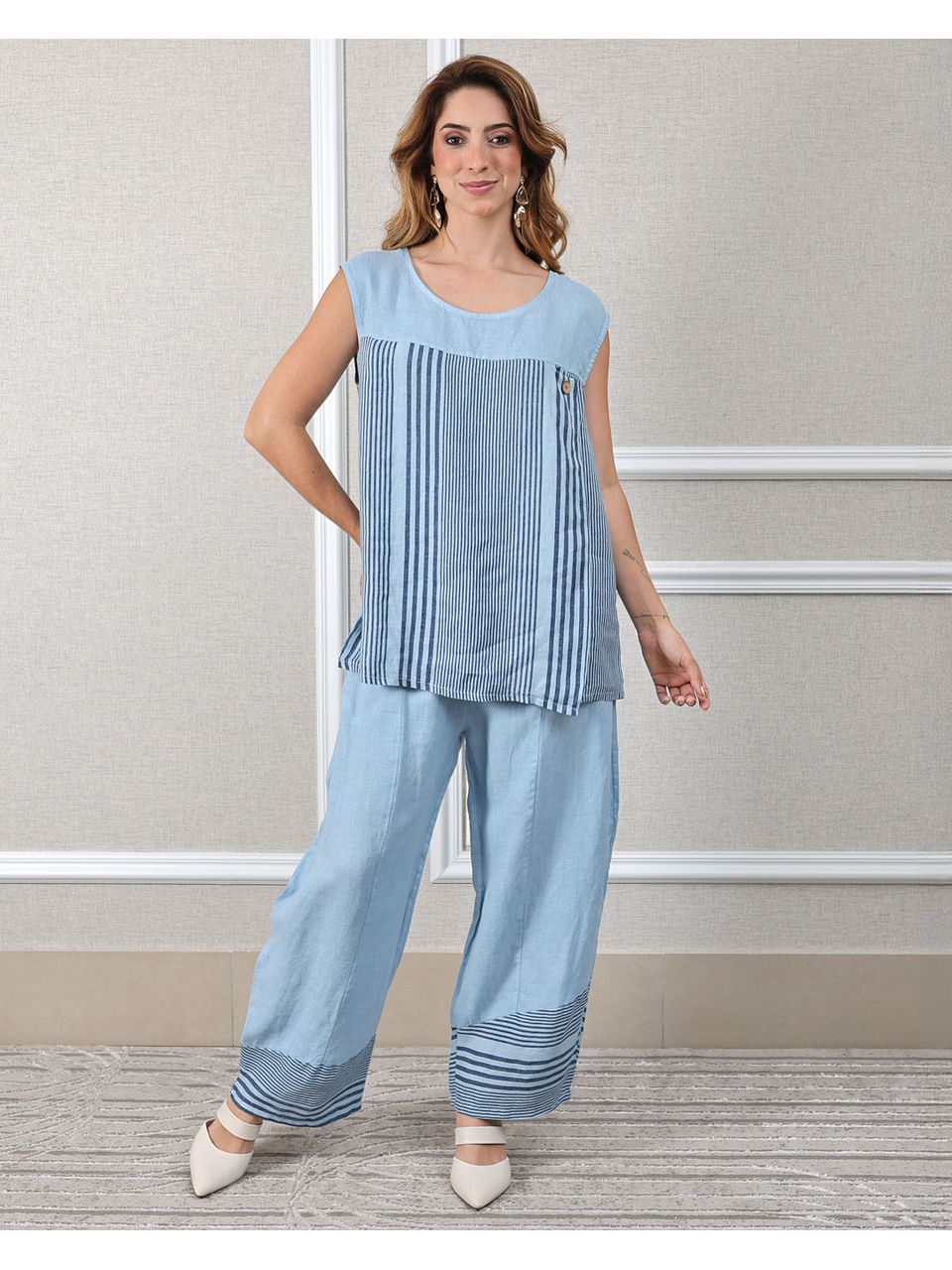Conjunto Cora Linho Italiano Azul Hortência