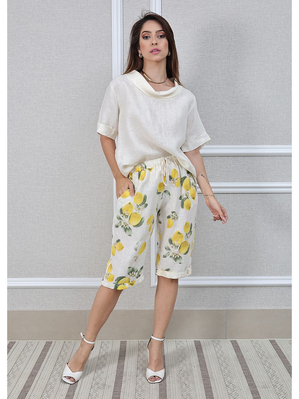 Conjunto Julia Linho Italiano Coleção Positano Creme