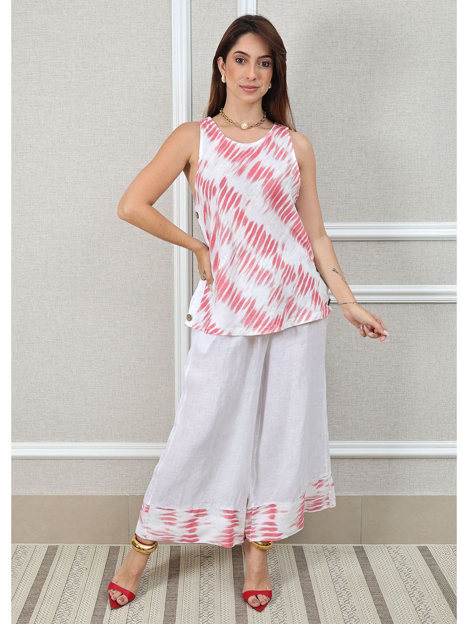 Conjunto Matilde Linho Italiano Branco/Rosa