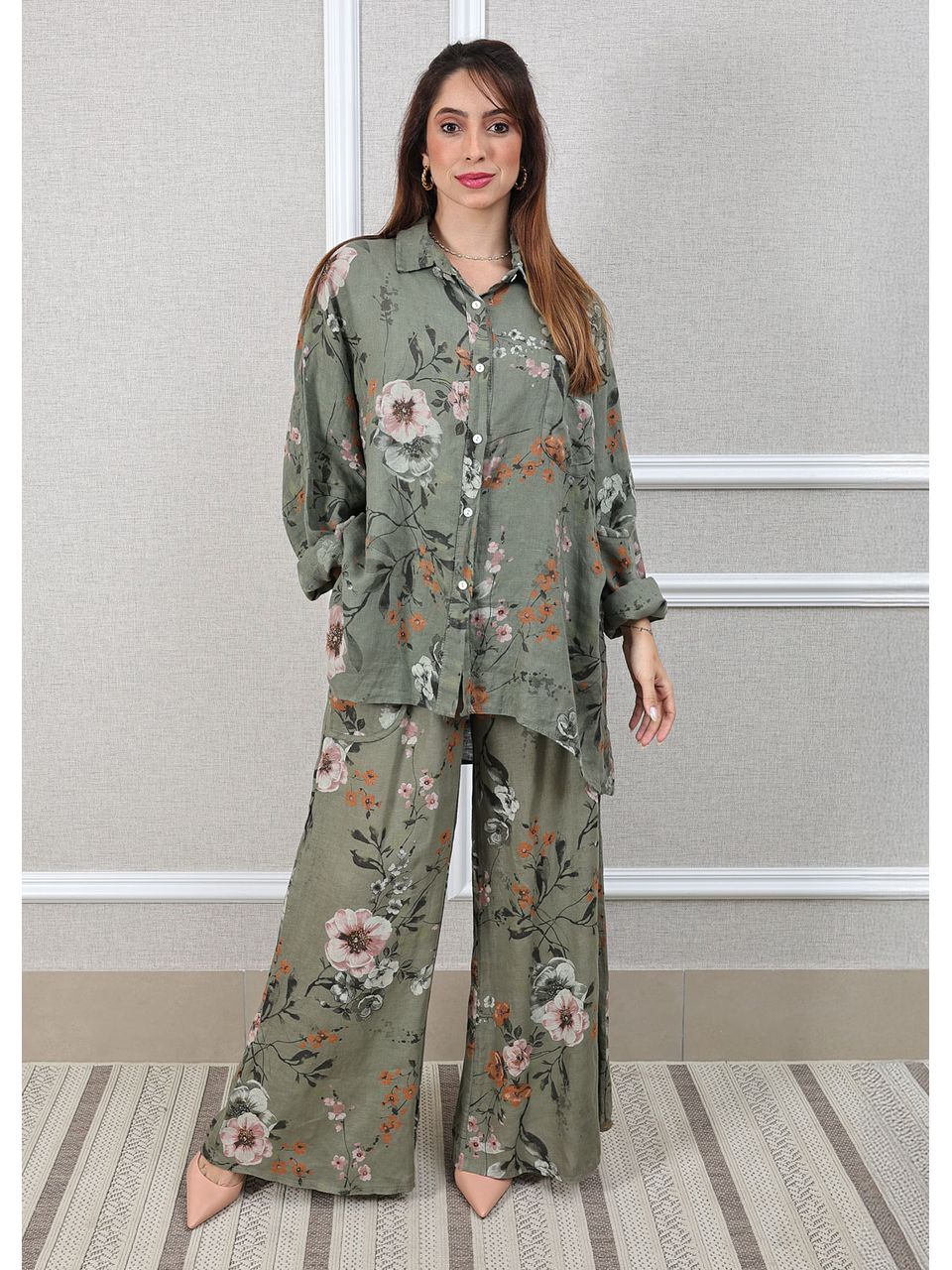 Conjunto Angela Linho Italiano Verde Militar