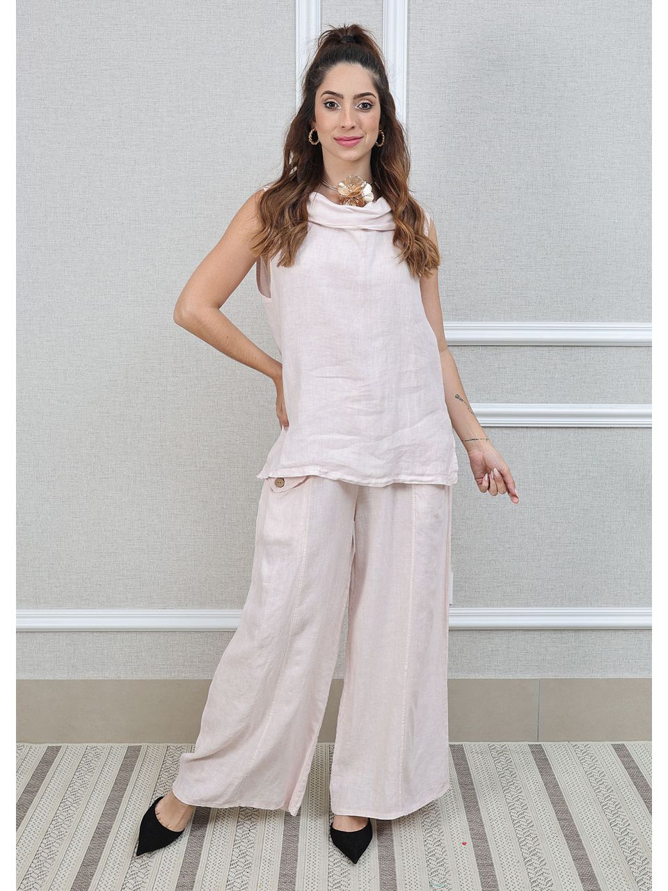 Conjunto Marina Linho Italiano Rosa Bebe