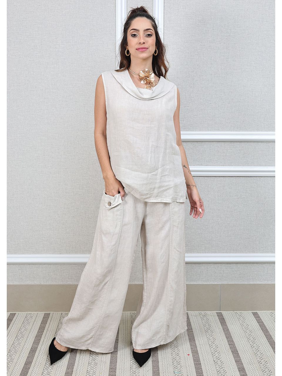 Conjunto Marina Linho Italiano Bege