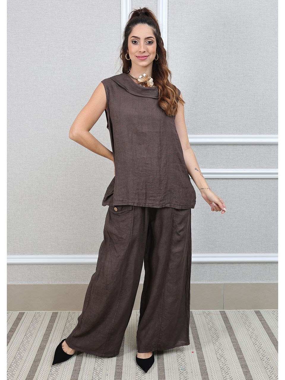 Conjunto Marina Linho Italiano Marrom