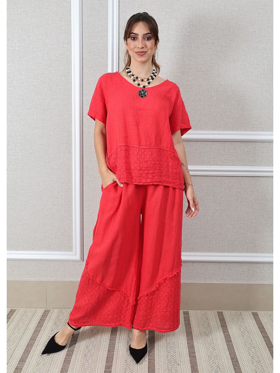 Conjunto Gisela Linho Italiano Vermelho