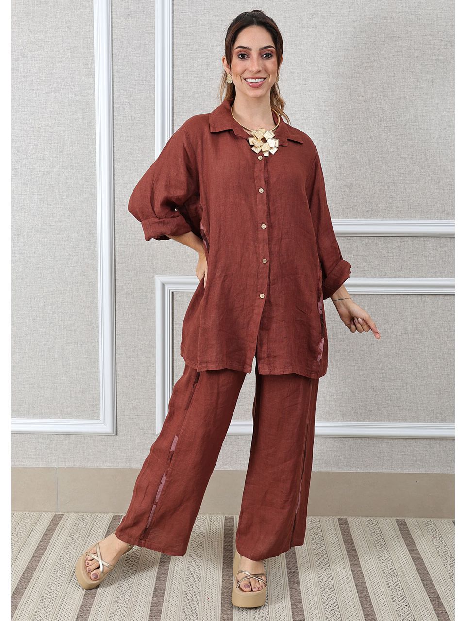 Conjunto Antonia Linho Italiano Marrom