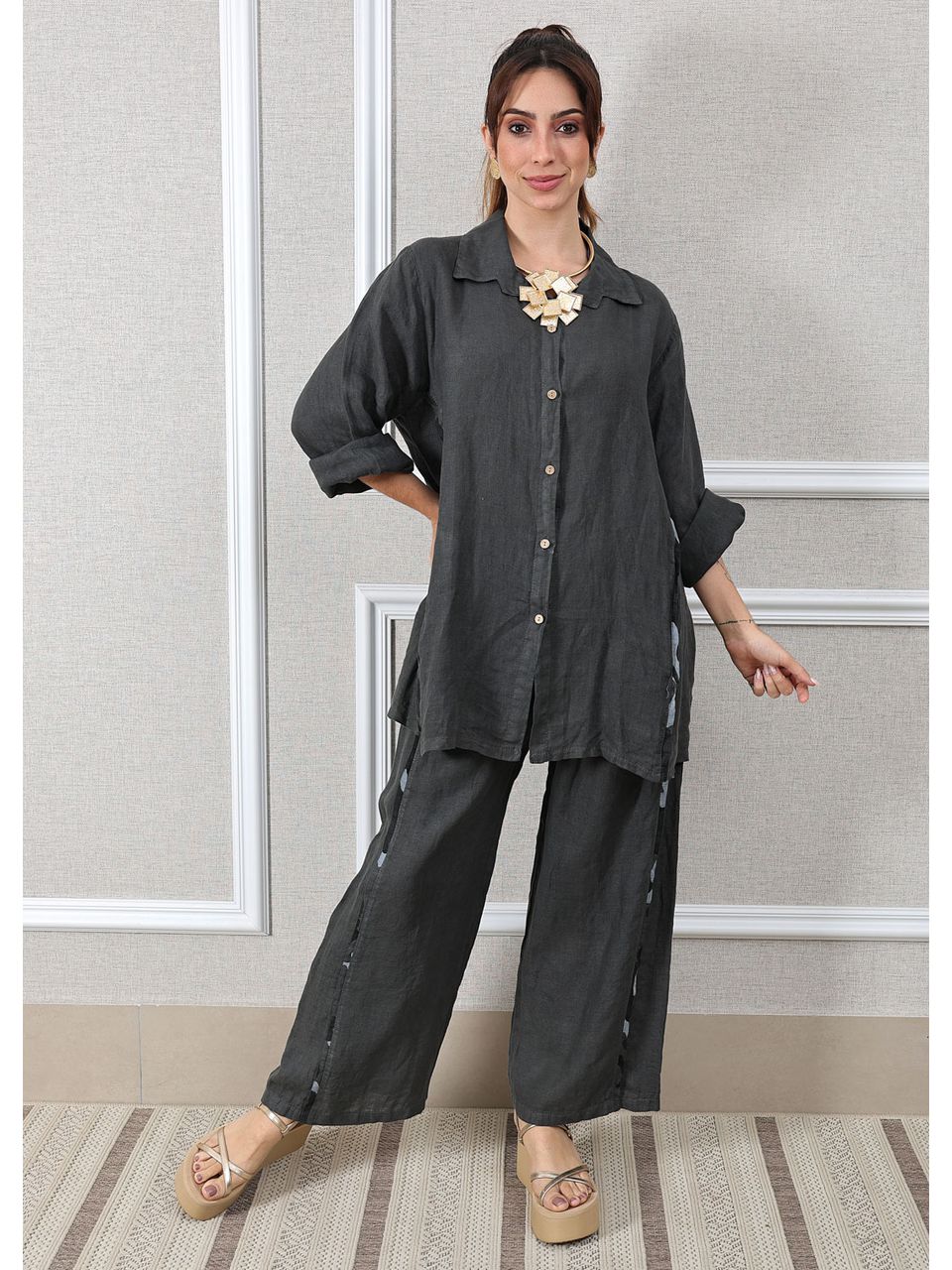 Conjunto Antonia Linho Italiano Chumbo