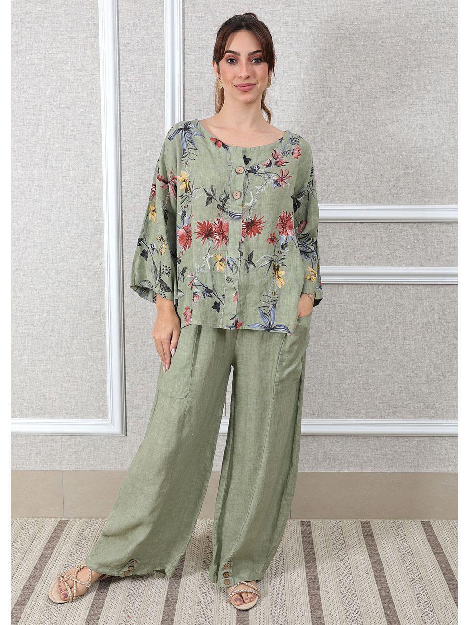 Conjunto Pamela Linho Italiano Verde Militar