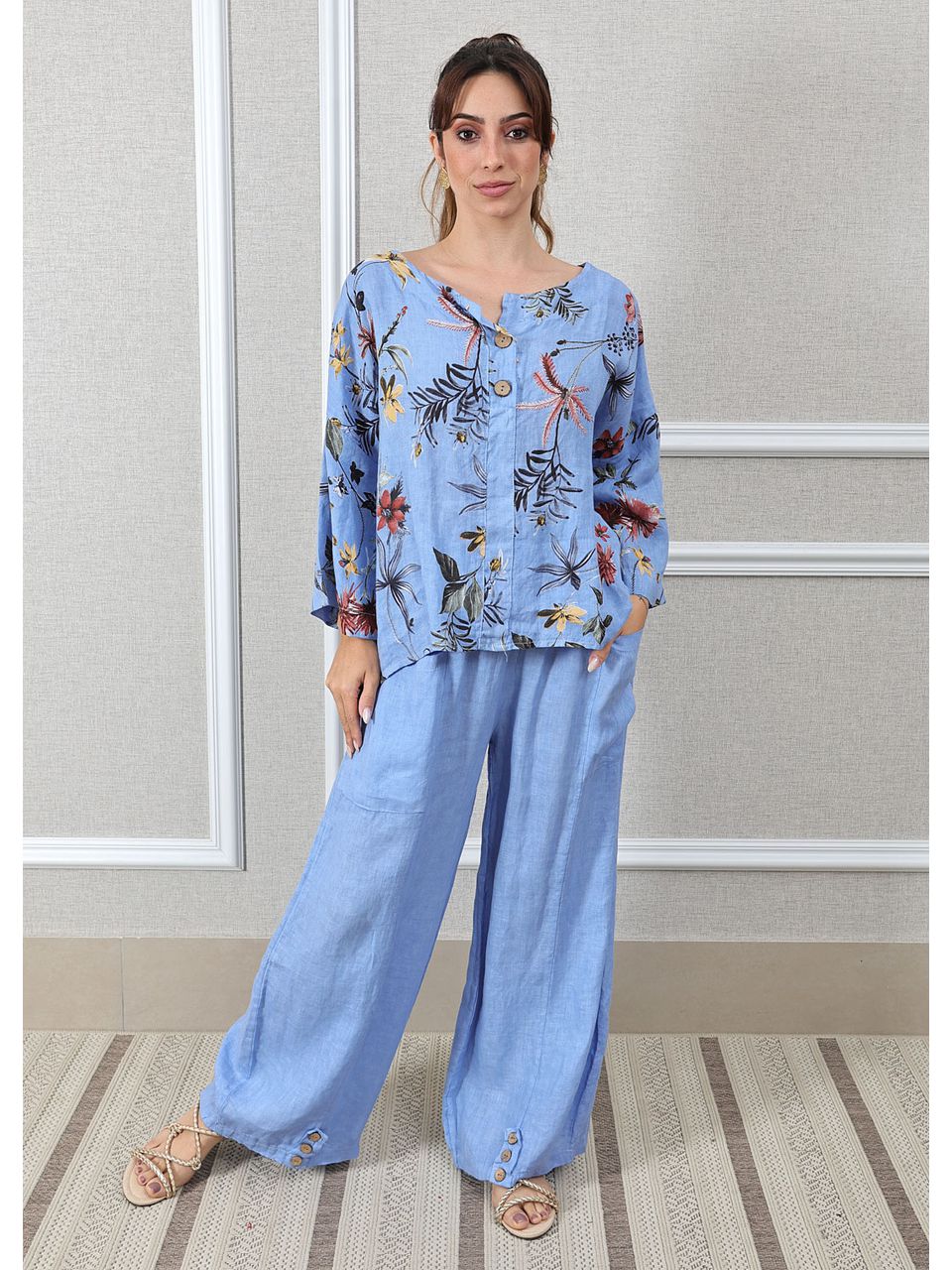 Conjunto Pamela Linho Italiano Azul Hortência