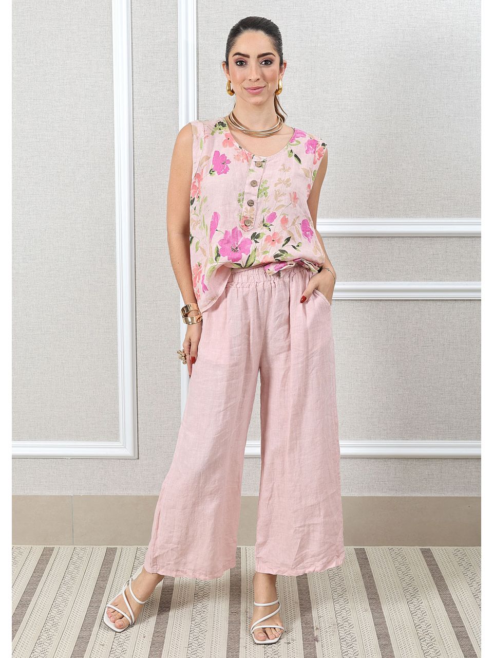Conjunto Rebeca Linho Italiano Rosa Bebe